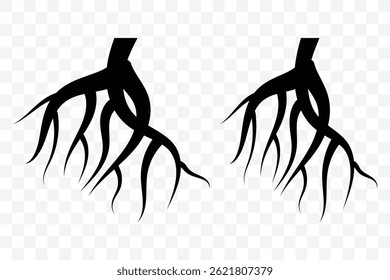 Tree roots silhouettes set. Root, taproot vector isolated. Underground growing fibrous structure. Wood growth, plant system, eco pattern, natural organic shapes isolated.  Vector illustration.