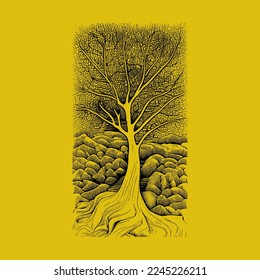 Tree with Roots. in the style of lino print. Vector Illustration.