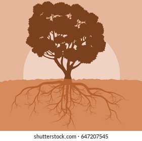 Tree with roots vector abstract background concept with vintage colors