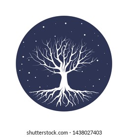 Tree and roots vector, dead tree with round shape. Tree logo template