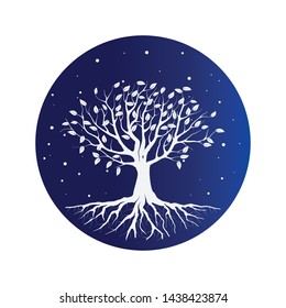 Tree and roots vector, dead tree with round shape. Tree logo template