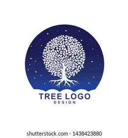 Tree and roots vector, dead tree with round shape. Tree logo template