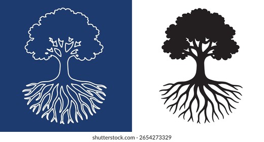 Tree with roots vector silhouette Black and white isolated