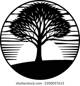 Tree and roots vector silhouette in circle shape