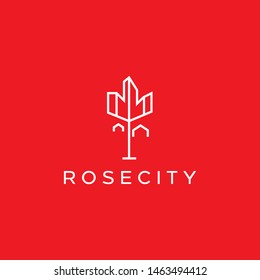 tree or rose and building or city logo design vector icon illustration inspiration