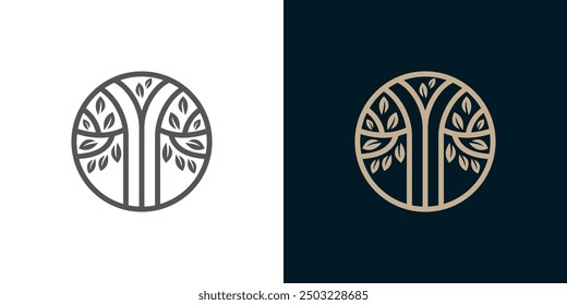 Tree in the round circle line icon logo vector. Tree leaf life concept logo
