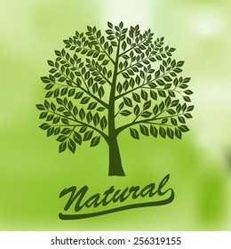 Tree with a Round Crown on a blurred Green Background. Ecology, Natural, Organic Logo - vector  illustration