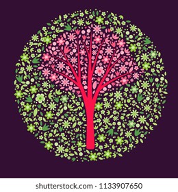 Tree with round floral background