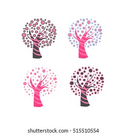 Tree with round leaves, abstract image of pink Bush. The logo of the forest reserve, set of vector illustrations