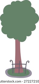 Árvore com coroa arredondada e tronco alto fechado por uma pequena guarda de metal em um anel pavimentado. Símbolo da natureza urbana, crescimento, proteção e paisagismo urbano. Ilustração de vetor de desenhos animados.