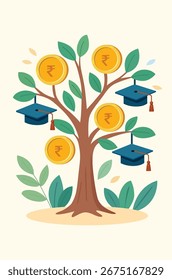 Tree with Rupee coins and graduation caps on branches, representing the fruitful connection between education and financial growth