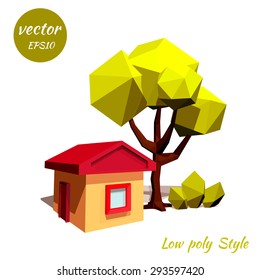 Tree and a rustic house on a white background. Low poly style. Vector illustration