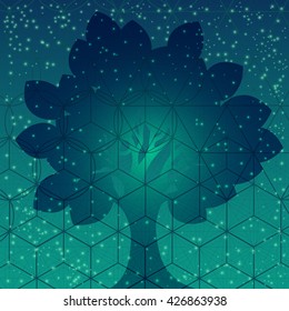 Tree with sacred geometry symbols and elements. 