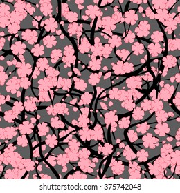 Tree of sakura with flowers. Infinitely curly branches. Oriental style. Seamless pattern with gray background