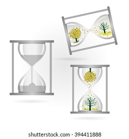 Tree and sand glass on white background,green concept,green ideas,hourglass,sand glass.Vector illustration
