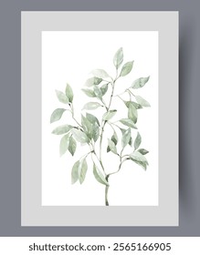 Tree sapling with green petals for planting garden or restoring forest on wall art. Watercolor artwork. Print with tree seedling grown in greenhouse for sale to farmers, in frame with decor for poster