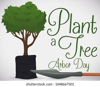 Tree sapling in a seedling bag and a shovel, ready to plant in Arbor Day: symbolizing the care and promotion of the environment in this holiday.