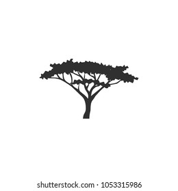 Tree in savanna, african, foliage, branches, silhouette vector, illustration flat, icon, logo, sticker, black, white