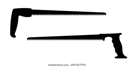 Tree saws. Pointed saw. Drawn handsaws for carpenters. Saw logo. Cartoon whipsaw or pull saw. Compass saw with handle for cutting. Work tool. Home renovation and engineer tools.