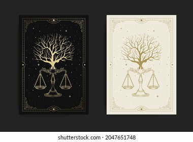 Tree with scale of justice or balance symbol also known as sign of libra constellation, in carving, hand drawn, line art, luxury, heavenly, esoteric, boho style