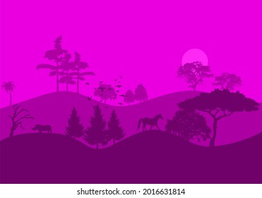 tree scenery silhouette vector and with purple color
