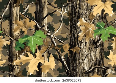Tree seamless pattern. Hunting camouflage background. Forest texture. Jungle design. Vector hunting camo pattern. Digital camouflage. Abstract.