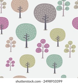 tree seamless pattern with leaves elements. Hand drawn doodle  style decoration Vector illustration for fashion textile print with texture
