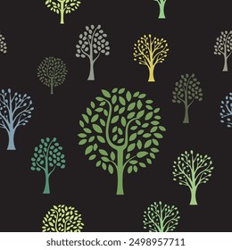 tree seamless pattern with leaves elements. Hand drawn doodle  style decoration Vector illustration for fashion textile print with texture