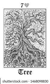 Tree and seasons. Tarot card from vector Lenormand Gothic Mysteries oracle deck. Black and white engraved illustration. Fantasy and mystic line art drawing. Gothic, occult and esoteric background