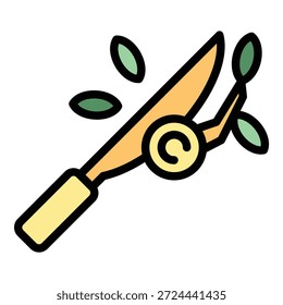 Vector de contorno de icono de tijeras de podar. Hierba de jardín. Alicates de poda de color plano