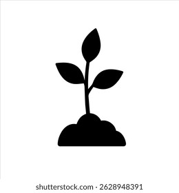 Tree Seedling Icon – Black Silhouette Vector of Small Plant with Soil and Leaves on White Background