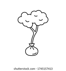 Tree seedling. Linear icon of gardening. Black simple illustration of deciduous tree or bush with roots in bag, landscape design. Contour isolated vector, white background. Planting of greenery emblem