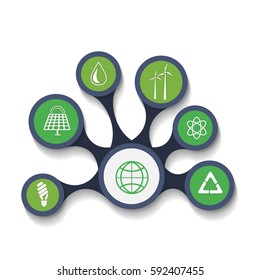 Tree Selection, Management, Relationships: United Circles With Icons Of Energy Saving, Environmental Protection. Infographics In A Flat Design With Shadows. Interaction Vector Icon