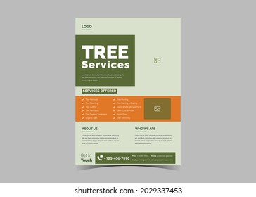 Tree service flyer design template. Tree trimming and removal service poster leaflet design. Lawn service flyer design template.
