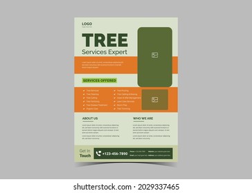 Tree service flyer design template. Tree trimming and removal service poster leaflet design. Lawn service flyer design template.