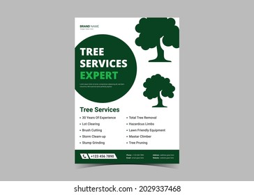 Tree service flyer design template. Tree trimming and removal service poster leaflet design. Lawn service flyer design template.