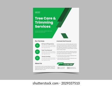 Tree service flyer design template. Tree trimming and removal service poster leaflet design. Lawn service flyer design template.