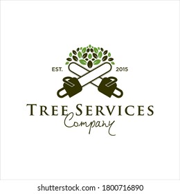 Tree Service Logo Design Template Idea, Chainsaw and Leaf Vector Badge Inspiration