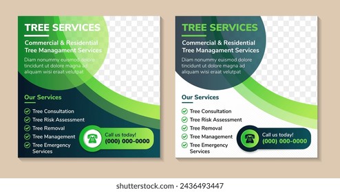 tree services, Lawn Garden Service social media post banner template, Plantation and lawn mowing, and gardening flyer. combination blue and green gradient on element and background with photo space
