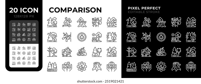 Tree services linear icons set for dark, light mode. Forestry and logging. Forest management. Nature conservation. Thin line symbols for night, day theme. Isolated illustrations. Editable stroke