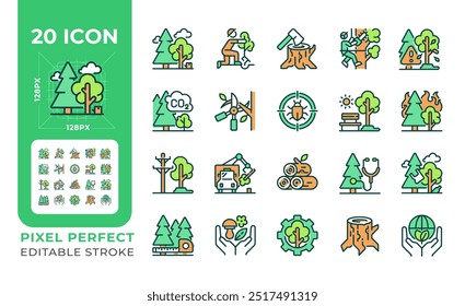 Conjunto de iconos de color RGB de servicios de árbol. Silvicultura y explotación forestal. Cuidado del árbol. Manejo forestal. Conservación de la Naturaleza. Ilustraciones vectoriales aisladas. Colección de planos de línea rellenos simples. Trazo editable