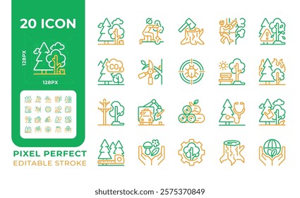 Tree services two color line icons set. Forestry and logging. Tree care. Forest management. Nature conservation. Bicolor outline iconset isolated. Duotone pictograms thin linear. Editable stroke