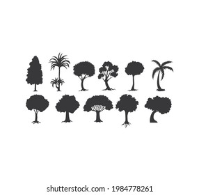 Baumset, schwarze Silhouette, Vektorgrafik auf weißem Hintergrund