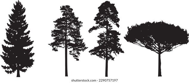 Tree set of black silhouette vector on white background, tree vector symbol