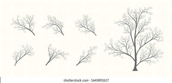 Tree with a set of branches with leaves and berries in vintage style on a notebook sheet on a light background