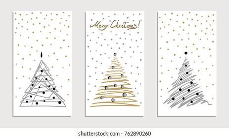 ?hristmas tree set card with falling snowflakes. Cute doodle gold, silver, black white color hand drawn decor. Group of vector fir tree simple line design banner background. Holiday copy space.