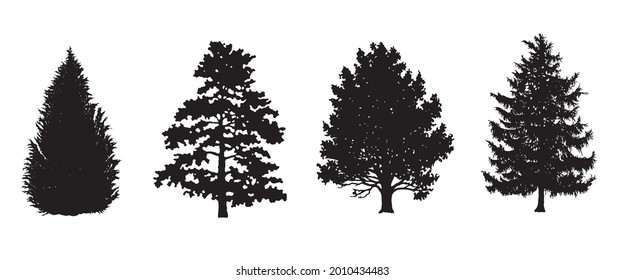 Juego de árbol. Árbol de Navidad. Silhouette Pine Evergreen Deciduous. Ilustración negra vectorial. Bosque, elementos del parque. Conjunto de bosques de invierno. Aislado en fondo blanco. Colección de la naturaleza. Arte De Tinta Dibujada A Mano.
