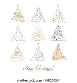 ?hristmas tree set. Cute doodle gold, silver, black and white color hand drawn holiday decor. Group of fir tree. Vector design simple line illustration.