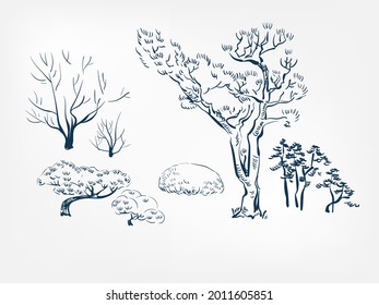 tree set engraved vector ink illustration sketch japanese chinese style line art design view