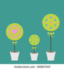 Tree set with heart flowers in the pot. Flat design. Flat design. Vector illustration